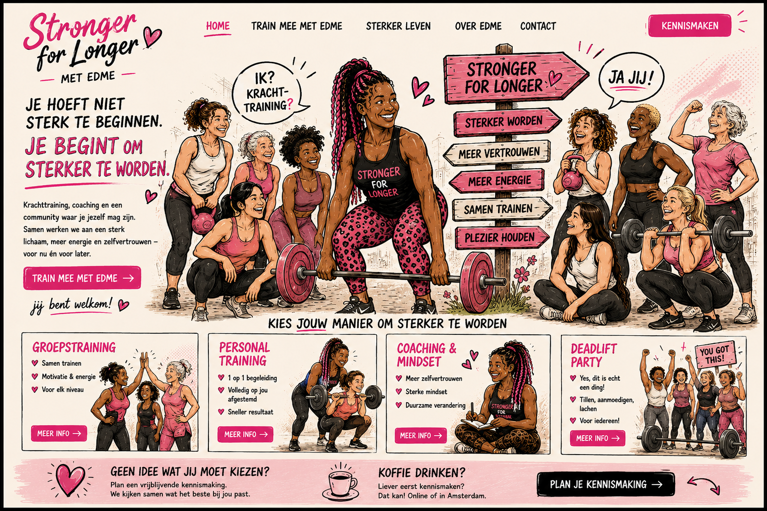 Stronger for Longer comic: trainen met Edme, groepstraining, personal training, coaching en Deadlift Party